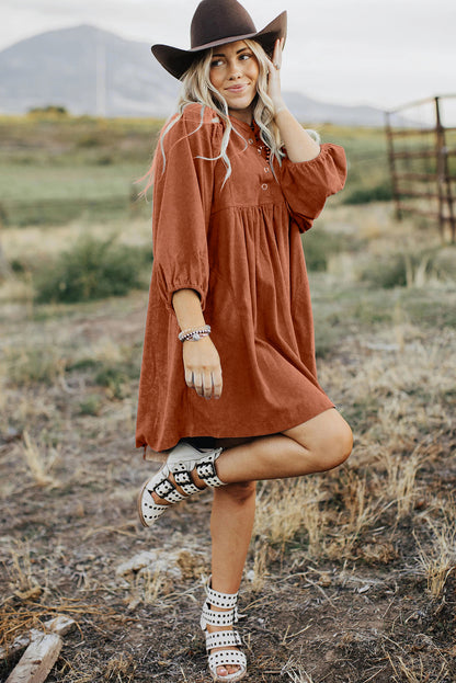 Chic gold flame corduroy dress with snap buttons and bracelet sleeves