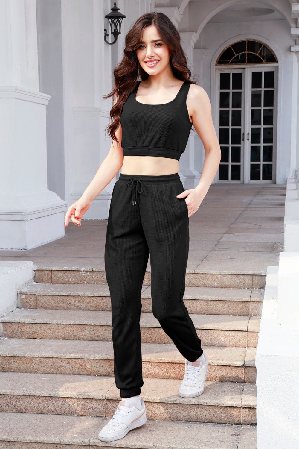 Waffle-Knit Cropped Tank and Drawstring Pants Set.