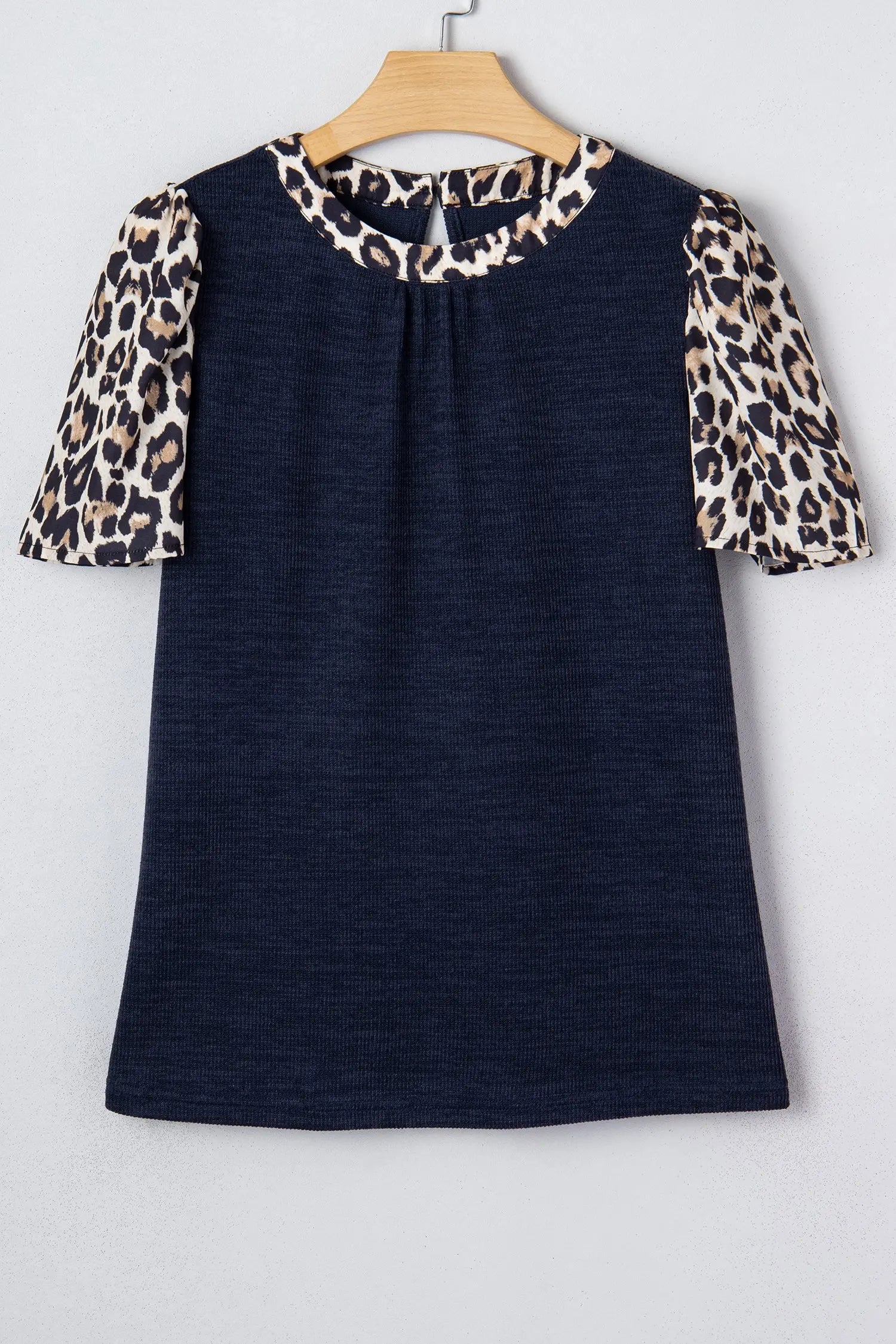 Navy Blue Ribbed Patchwork Leopard Short Sleeve Top For Women Dear-Lover Dropshipping