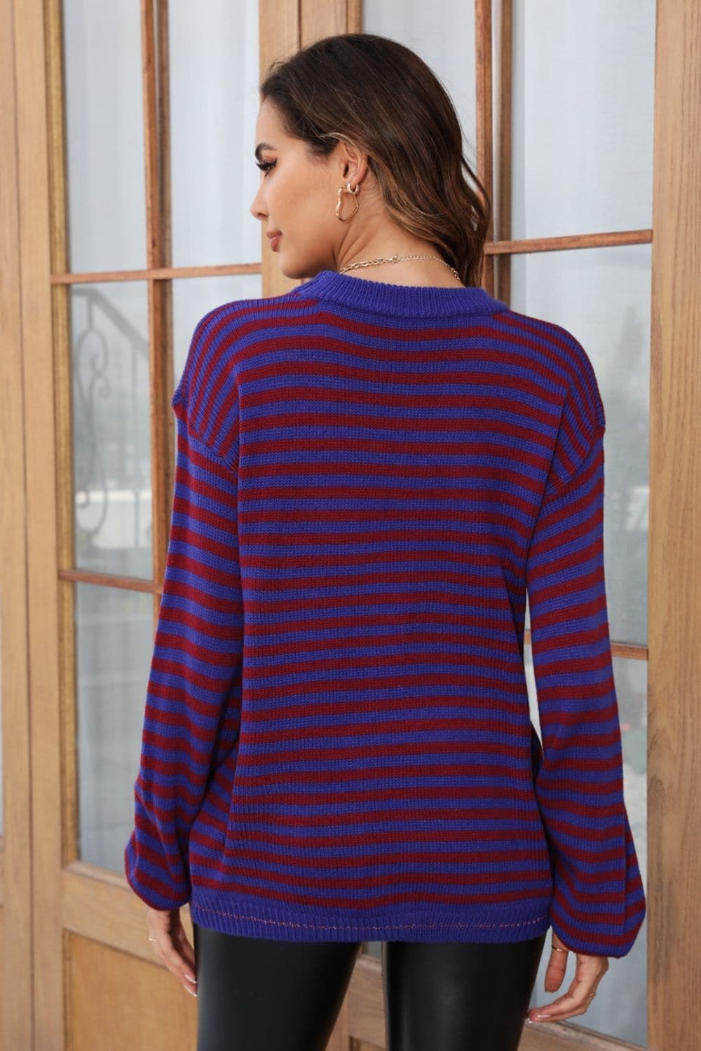 Striped Round Neck Dropped Shoulder Sweater.