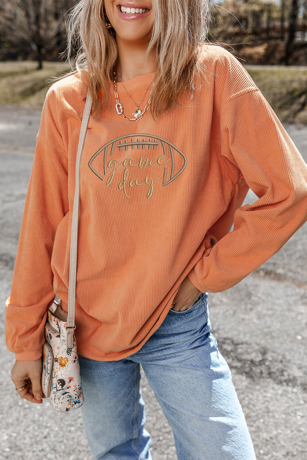 Premium Orange Rugby Game Day Embroidered Corduroy Sweatshirt
