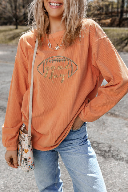 Premium Orange Rugby Game Day Embroidered Corduroy Sweatshirt