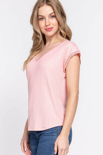 ACTIVE BASIC Lace Trim V-Neck Short Sleeve Ribbed Top.