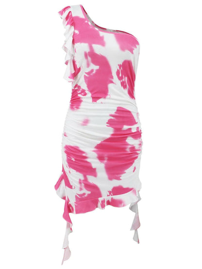 Ruffled Tie-Dye Single Shoulder Mini Dress.