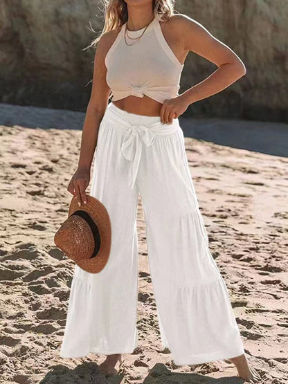 Tied Ruched Wide Leg Pants.