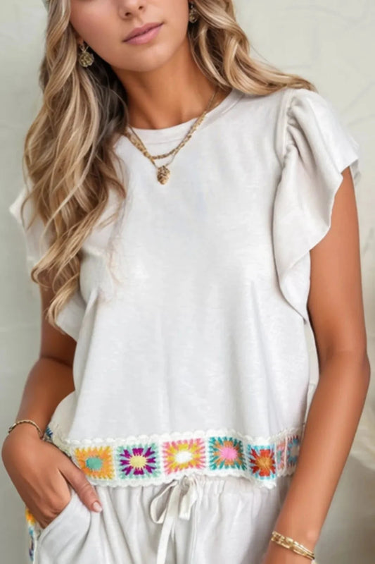 Floral Crochet Patched Ruffled Sleeve Crewneck Blouse Simply Love