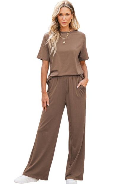 Chic smoke gray two-piece set with wide-leg pants and tee