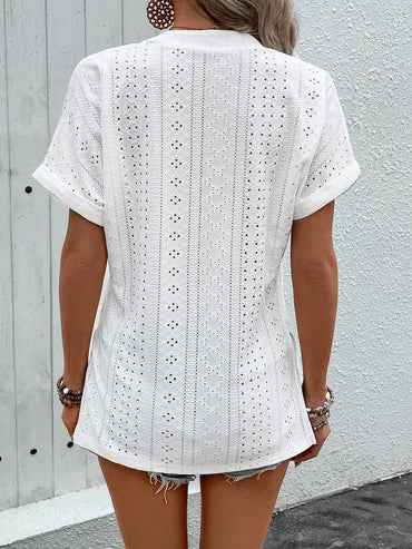 Eyelet Notched Short Sleeve Blouse.