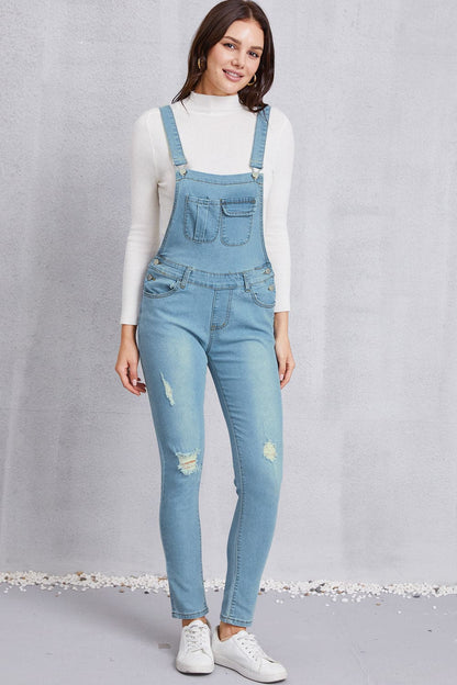 Distressed Washed Denim Overalls with Pockets.