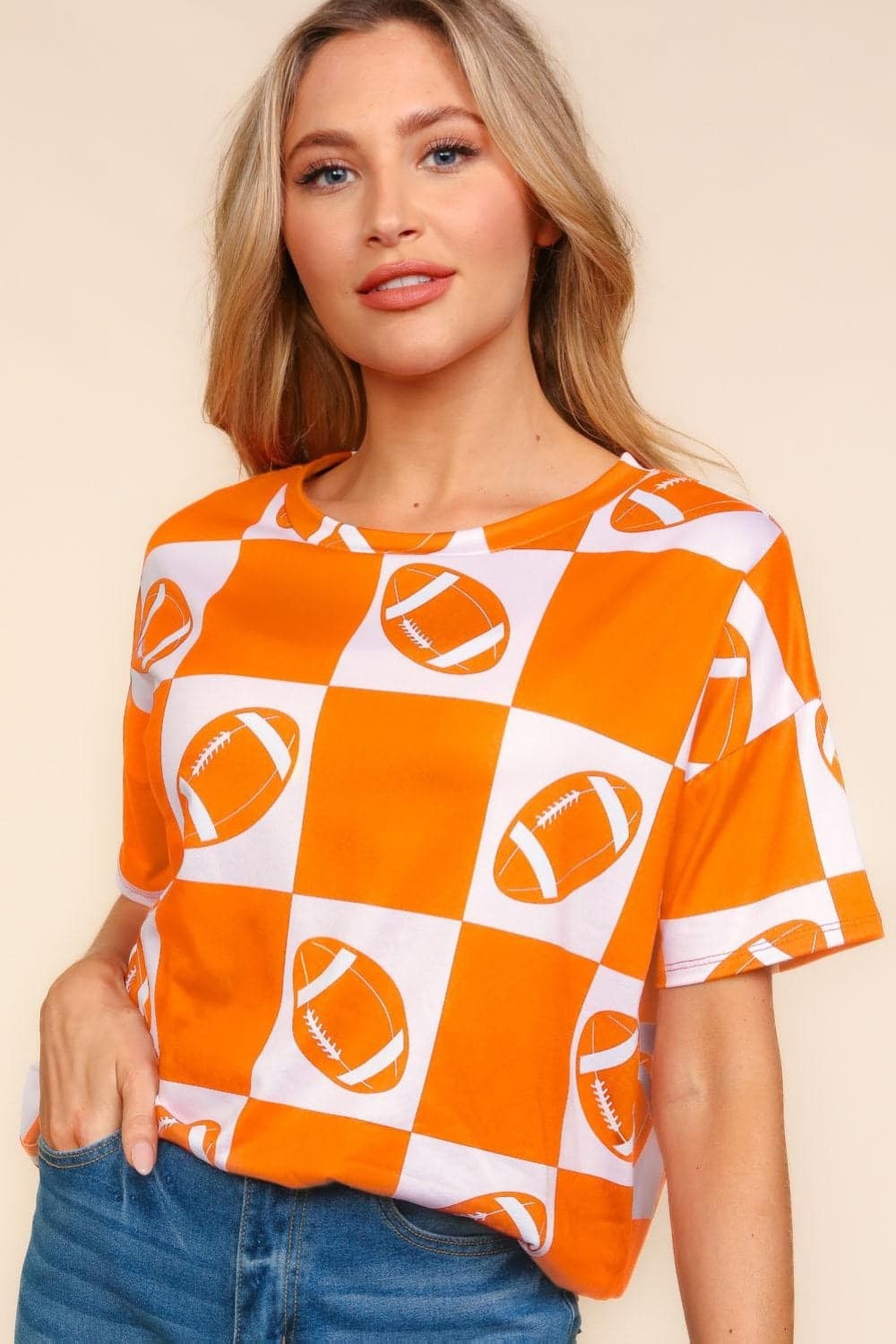 Haptics Football Checkered Print Short Sleeve T-Shirt.