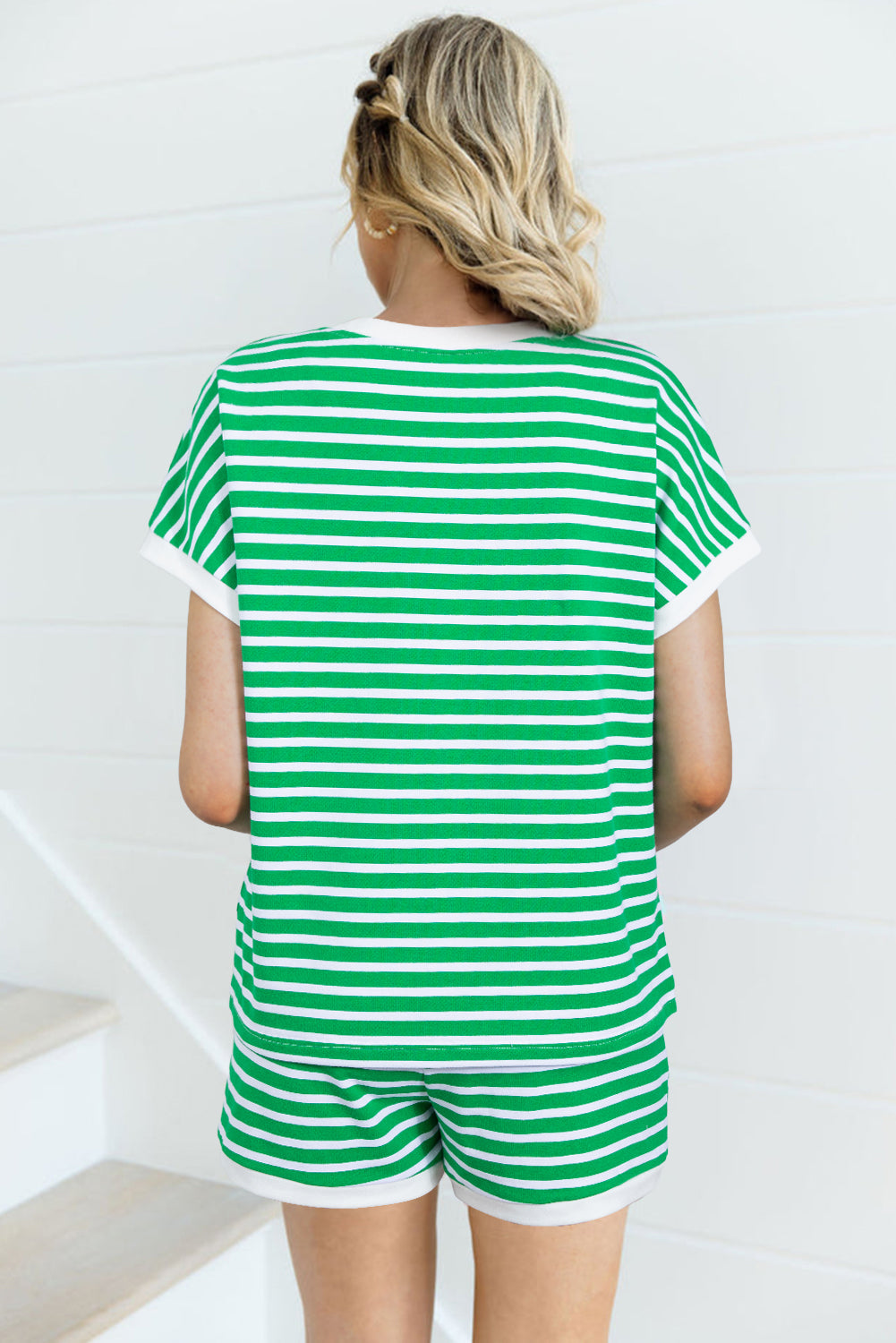 Dark Green Striped Cap Sleeve Top and Shorts Ensemble