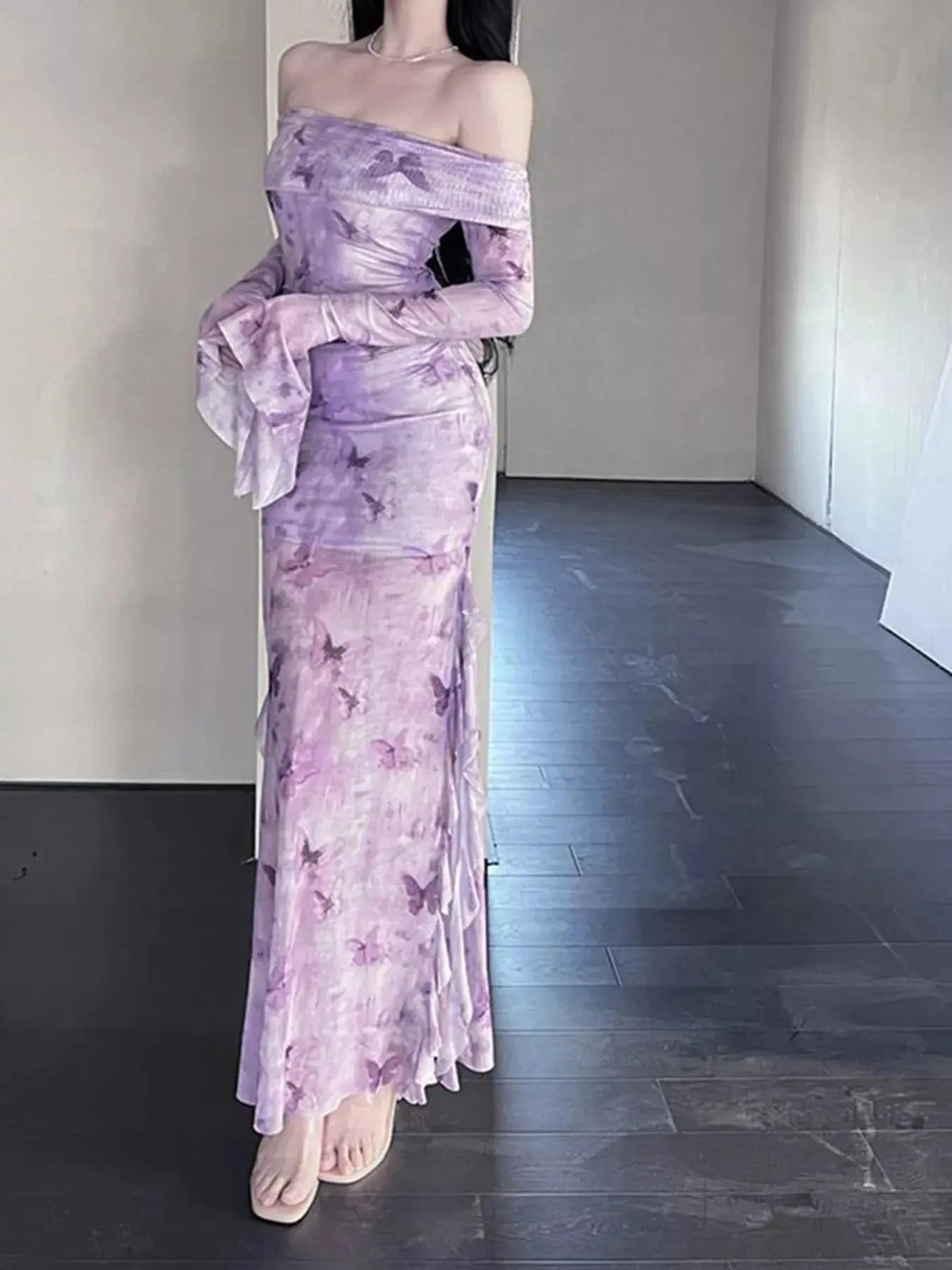 Butterfly Print Off-Shoulder Mesh Mermaid Dress Simply Love