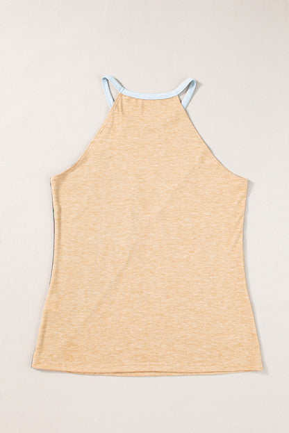 Chic French beige sleeveless geometric color block top