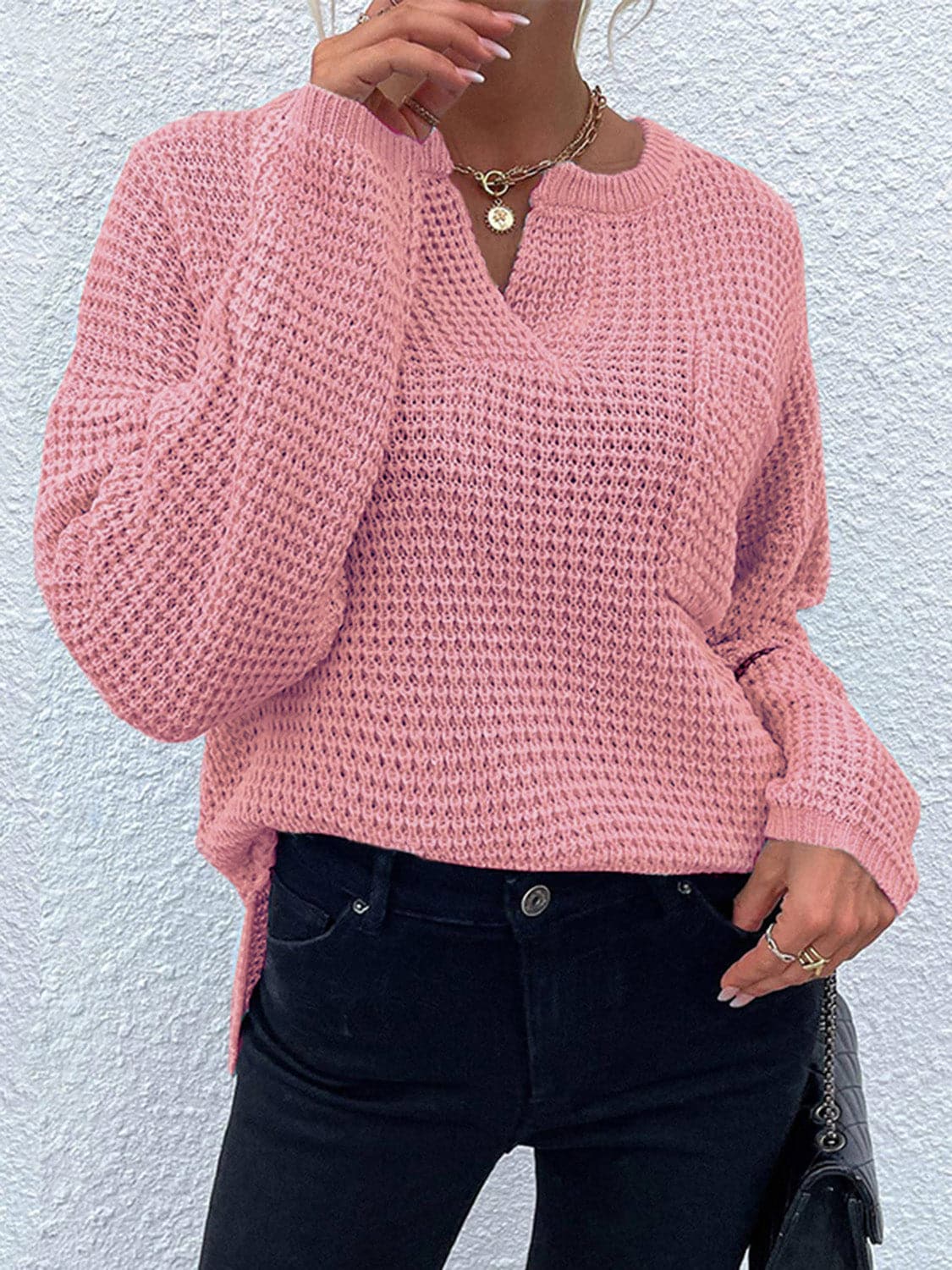 Notched Long Sleeve Sweater.