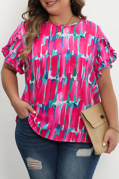 Floral plus size ruffled sleeve blouse with abstract design