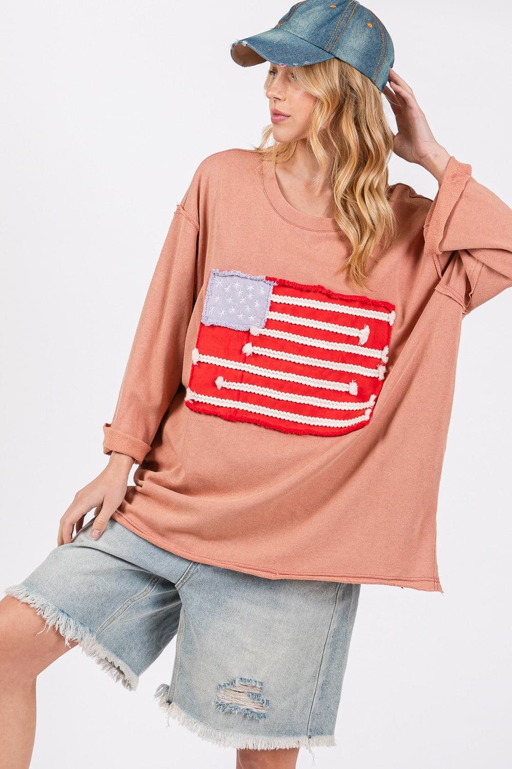 SAGE + FIG Full Size American Flag Patch Drop Shoulder T-Shirt.