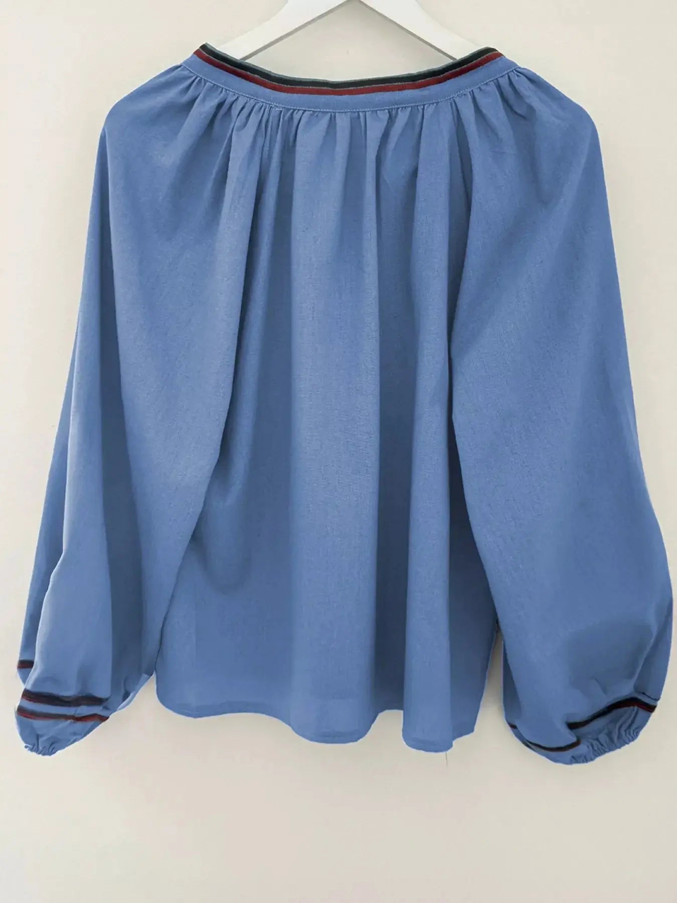 Blue Floral Embroidered Split Neck Tassel Tie Puff Sleeve Blouse Simply Love