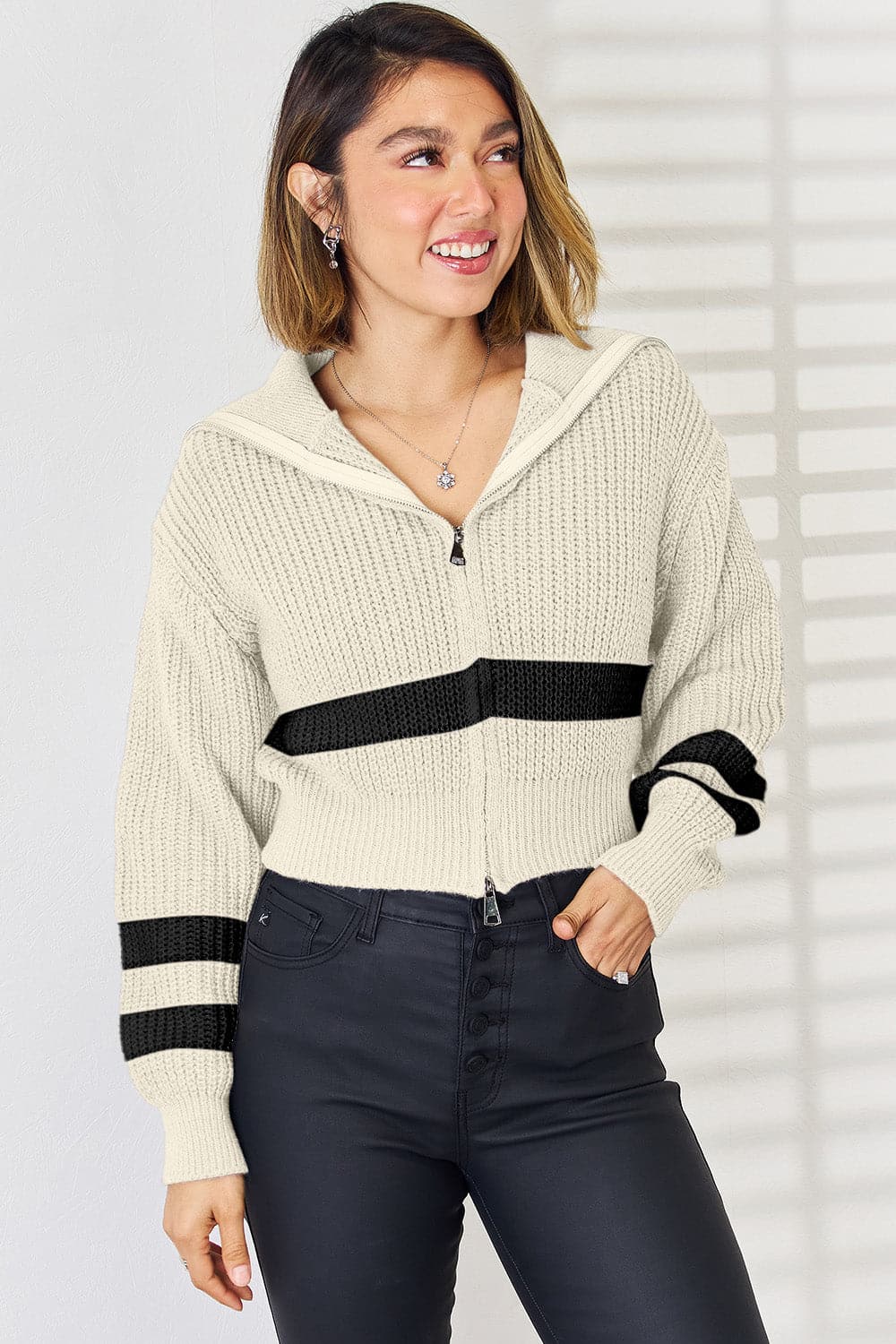 Striped Zip Up Dropped Shoulder Cardigan.