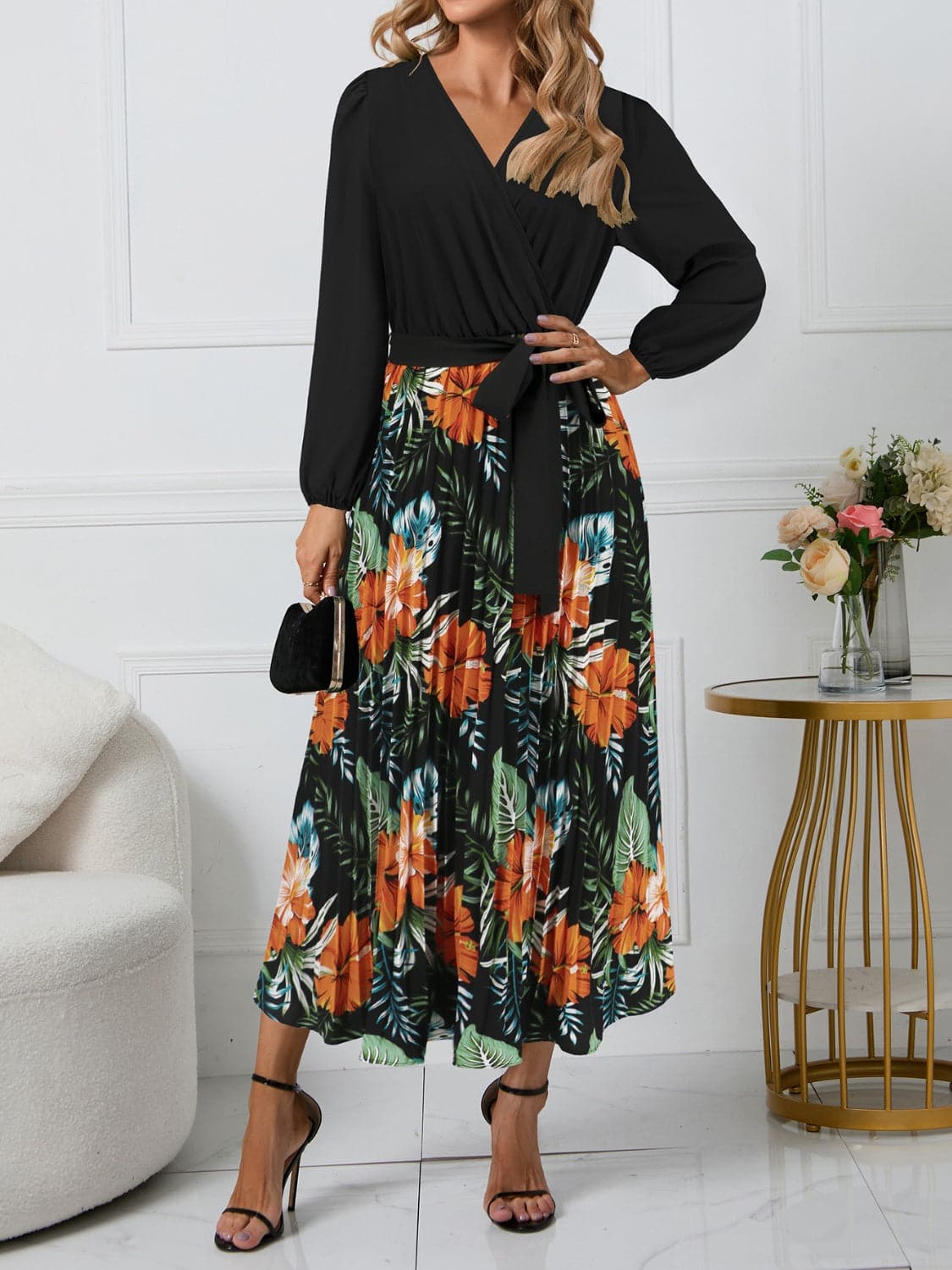 Pleated Printed Surplice Long Sleeve Dress.