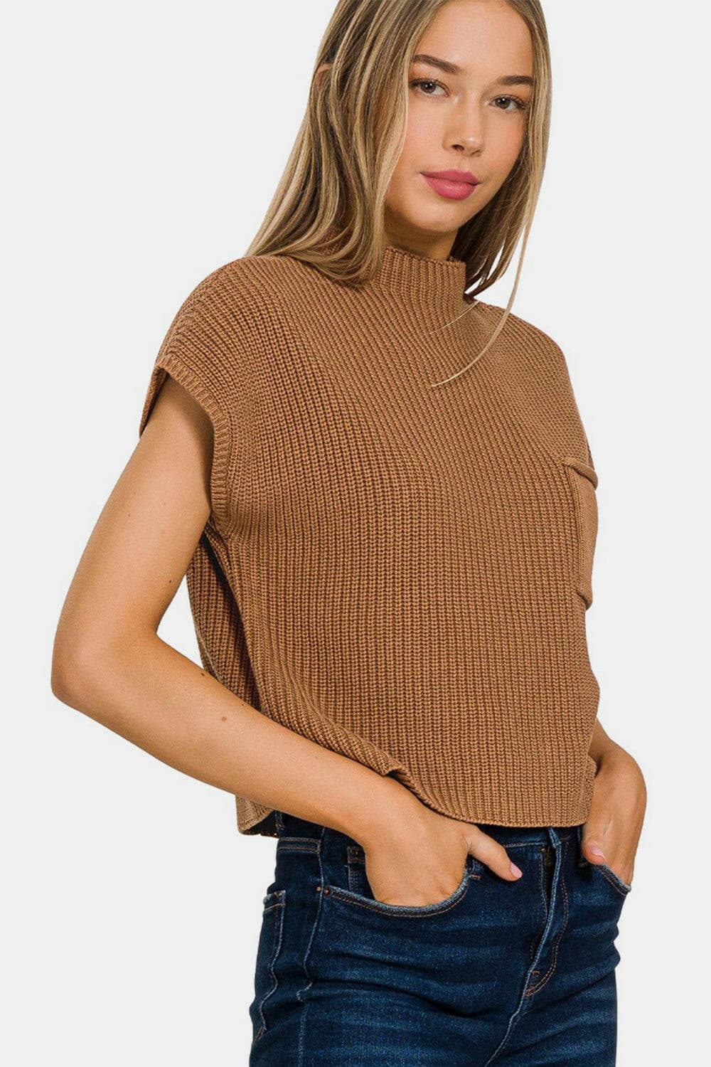 Zenana Mock Neck Short Sleeve Cropped Sweater.