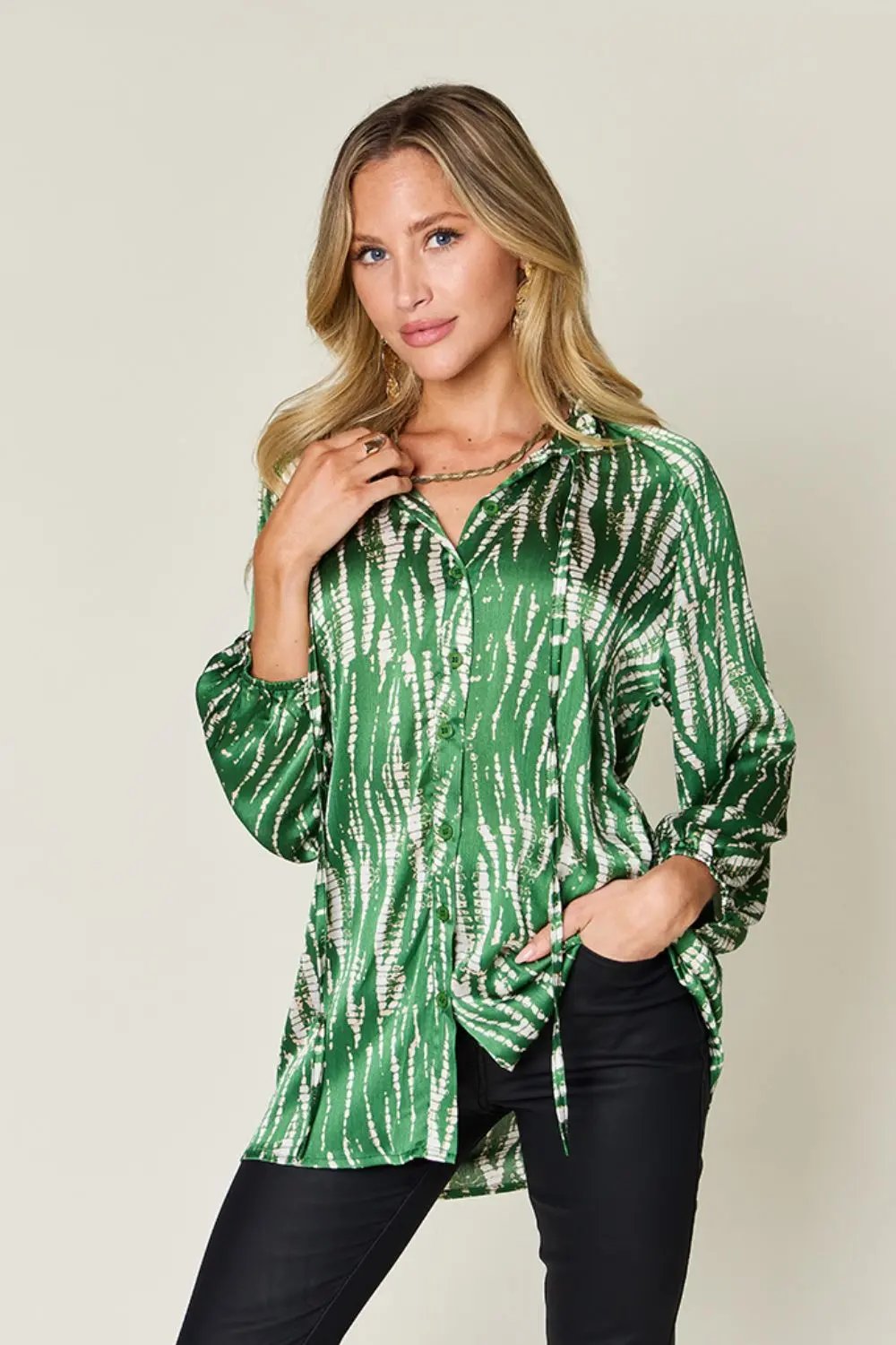 Double Take Full Size Printed Button Up Long Sleeve Shirt - Love Salve