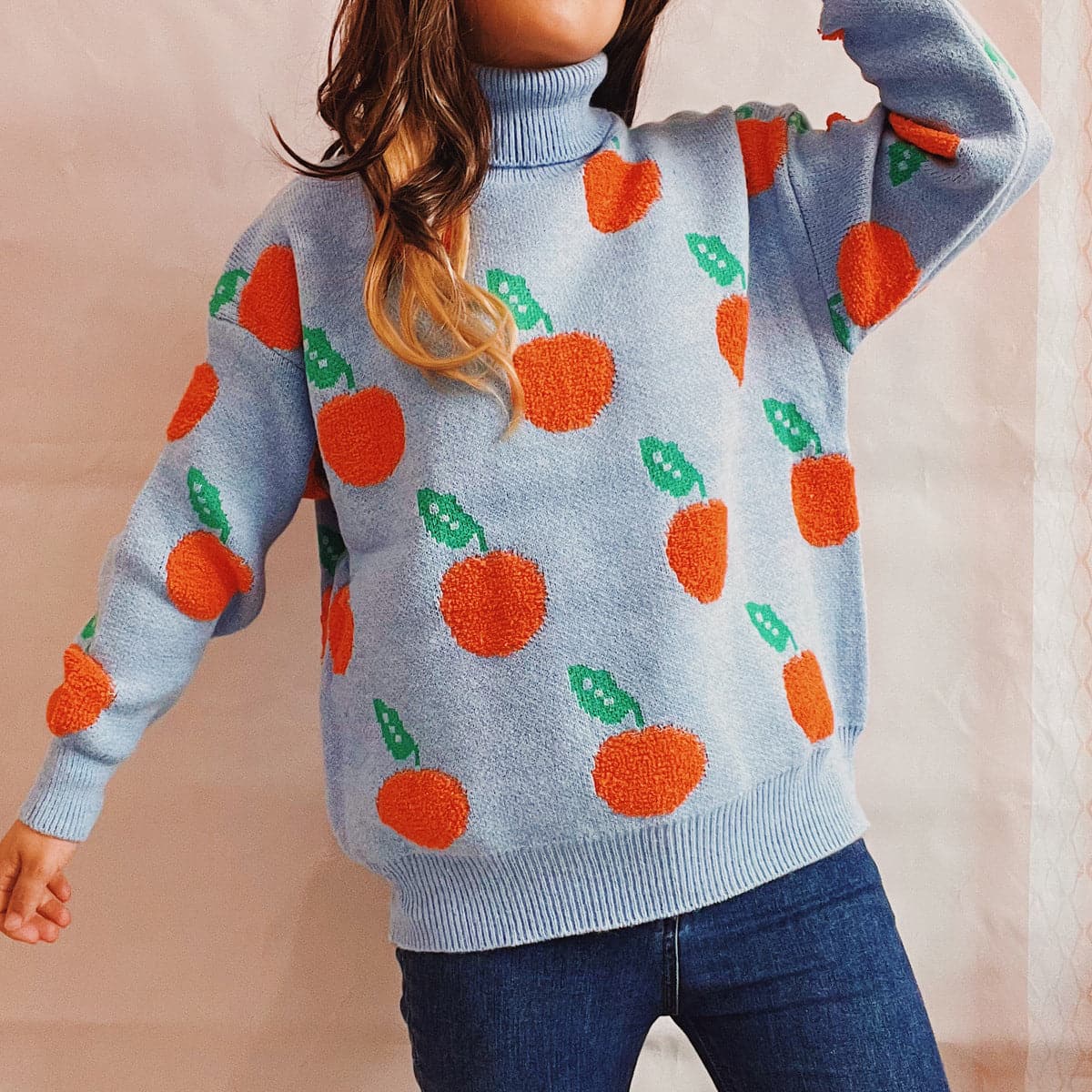 Fruit Pattern Turtleneck Dropped Sweater.