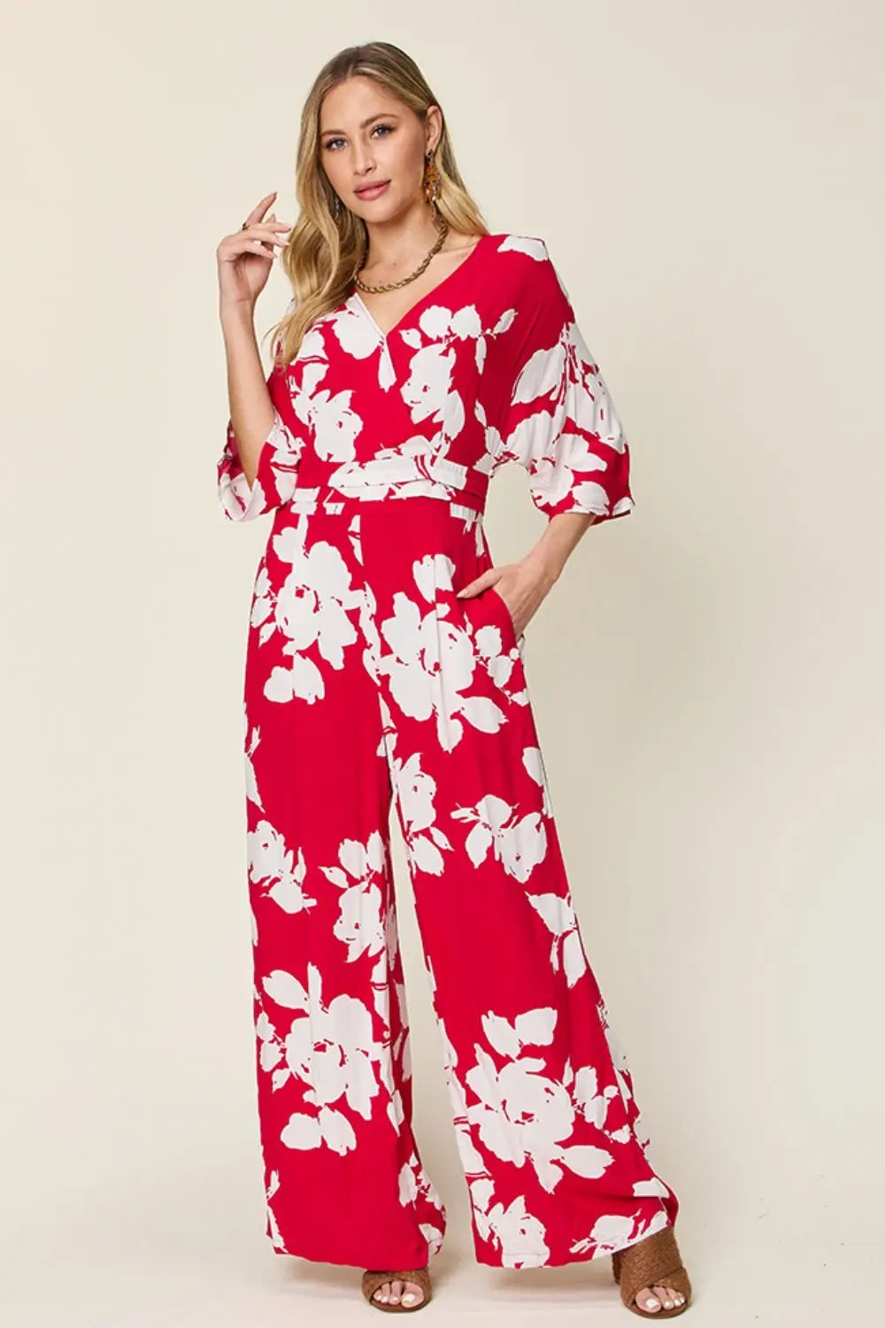 Double Take Full Size Printed Tie Back Wide Leg Jumpsuit - Love Salve