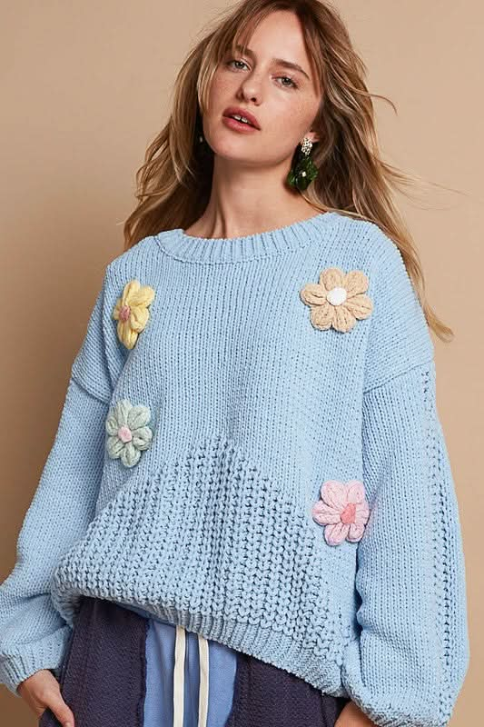 POL Crochet Flower Round Neck Dropped Shoulder Sweater