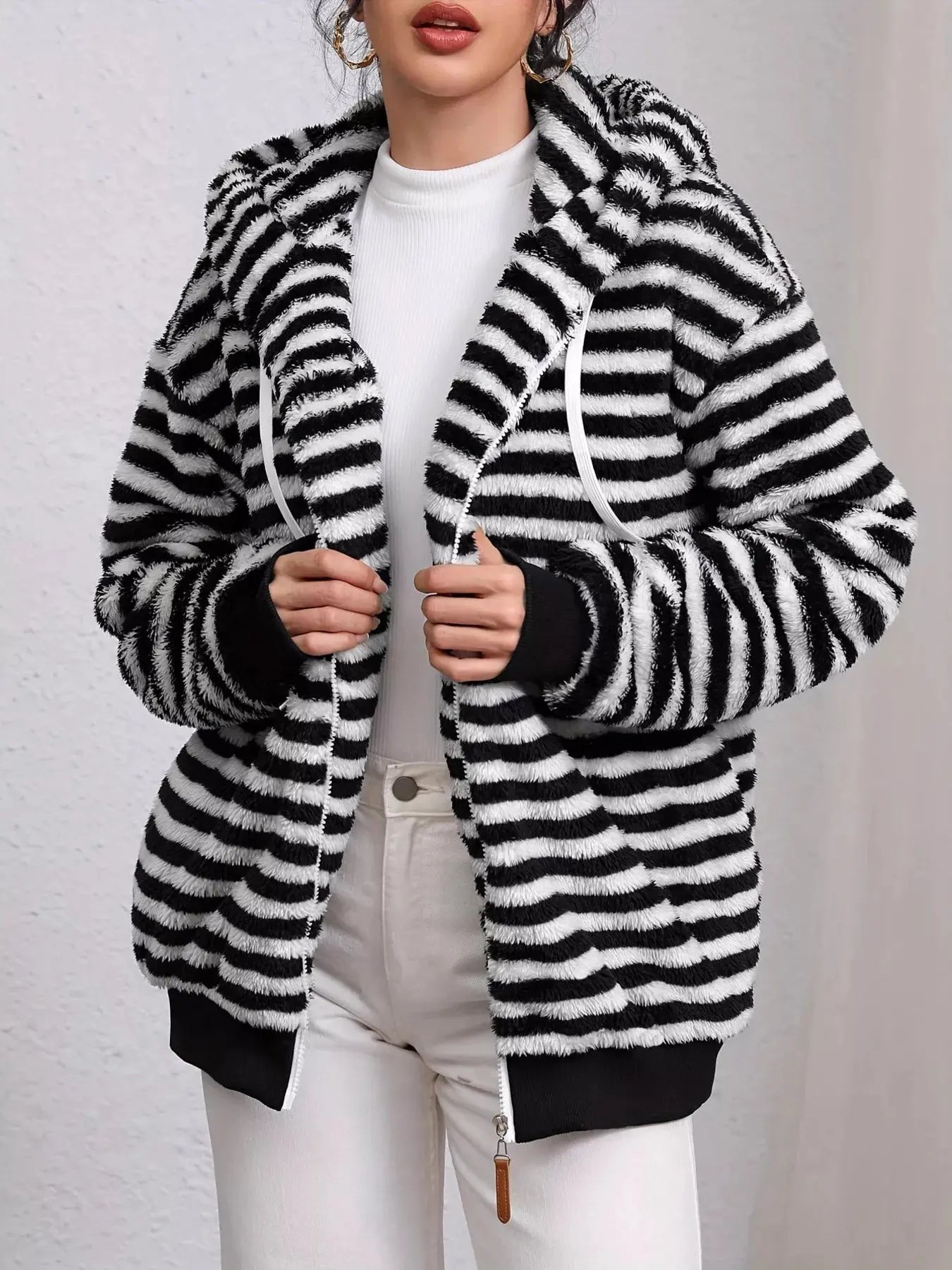 Striped Plush Zip-Up Hooded Outerwear Simply Love