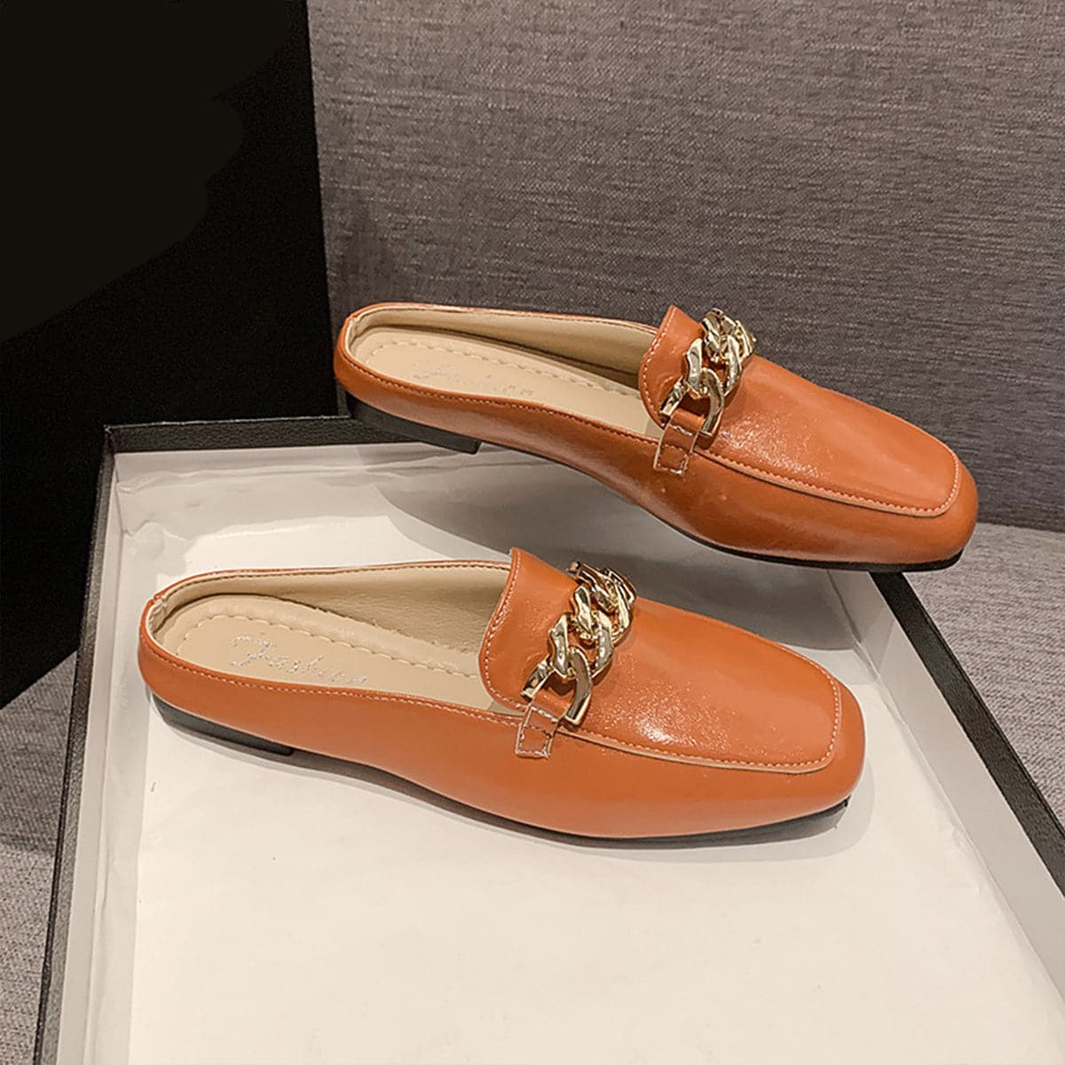 PU Leather Square Toe Flat Loafers.