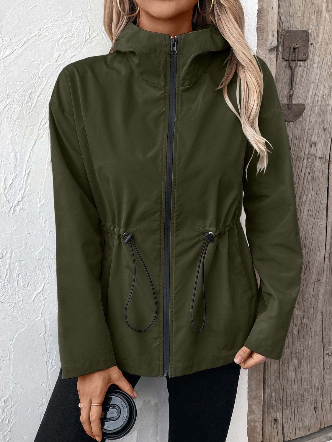 Drawstring Zip Up Hooded Jacket.