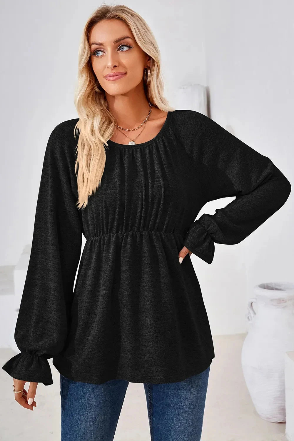 Ruched Round Neck Flounce Sleeve Blouse Coco’s Tee Boutique