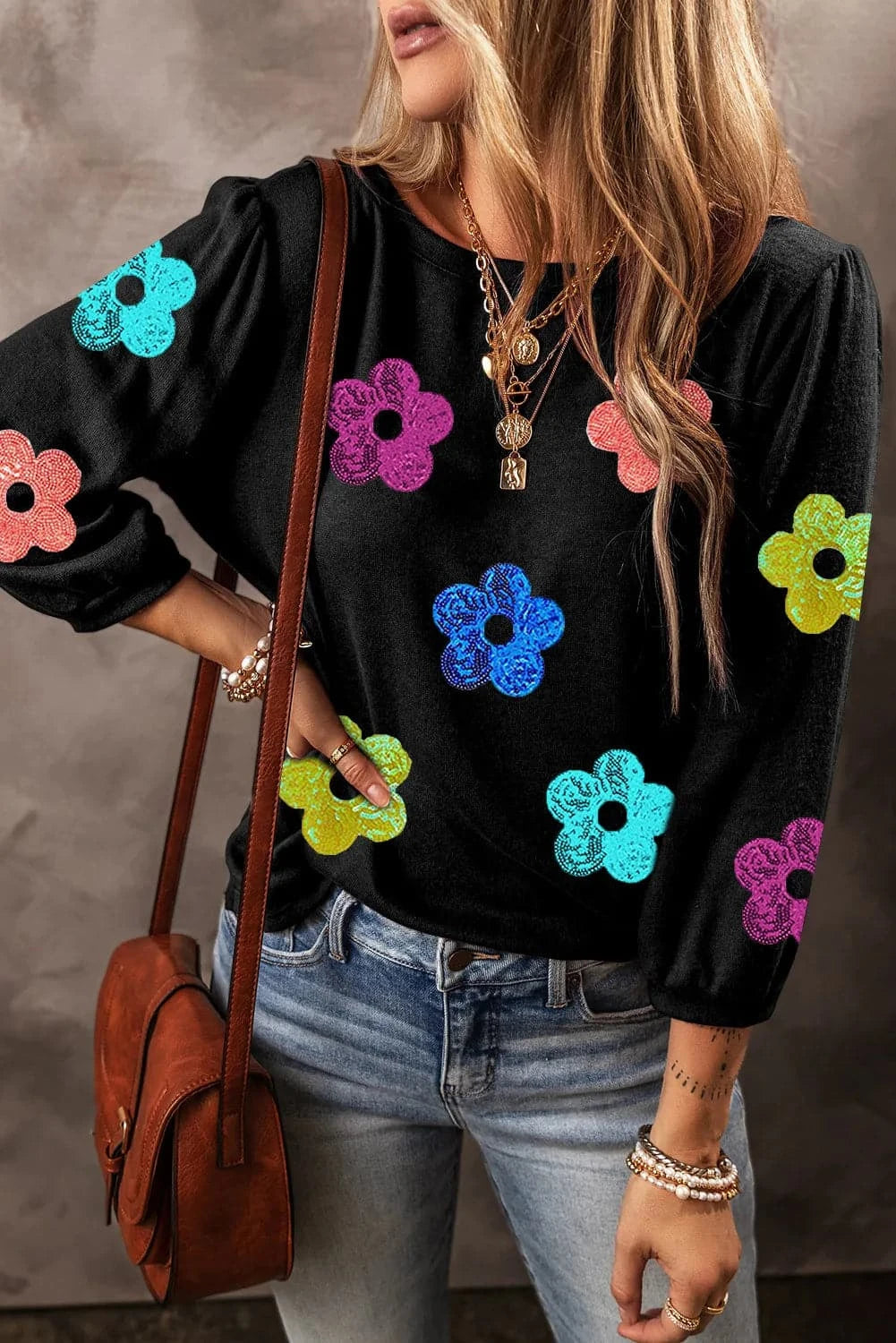 Sequin Flower Round Neck Blouse.