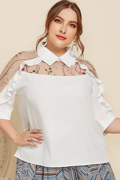 Plus Size Embroidered Ruffle Trim Collared Half Sleeve Blouse.