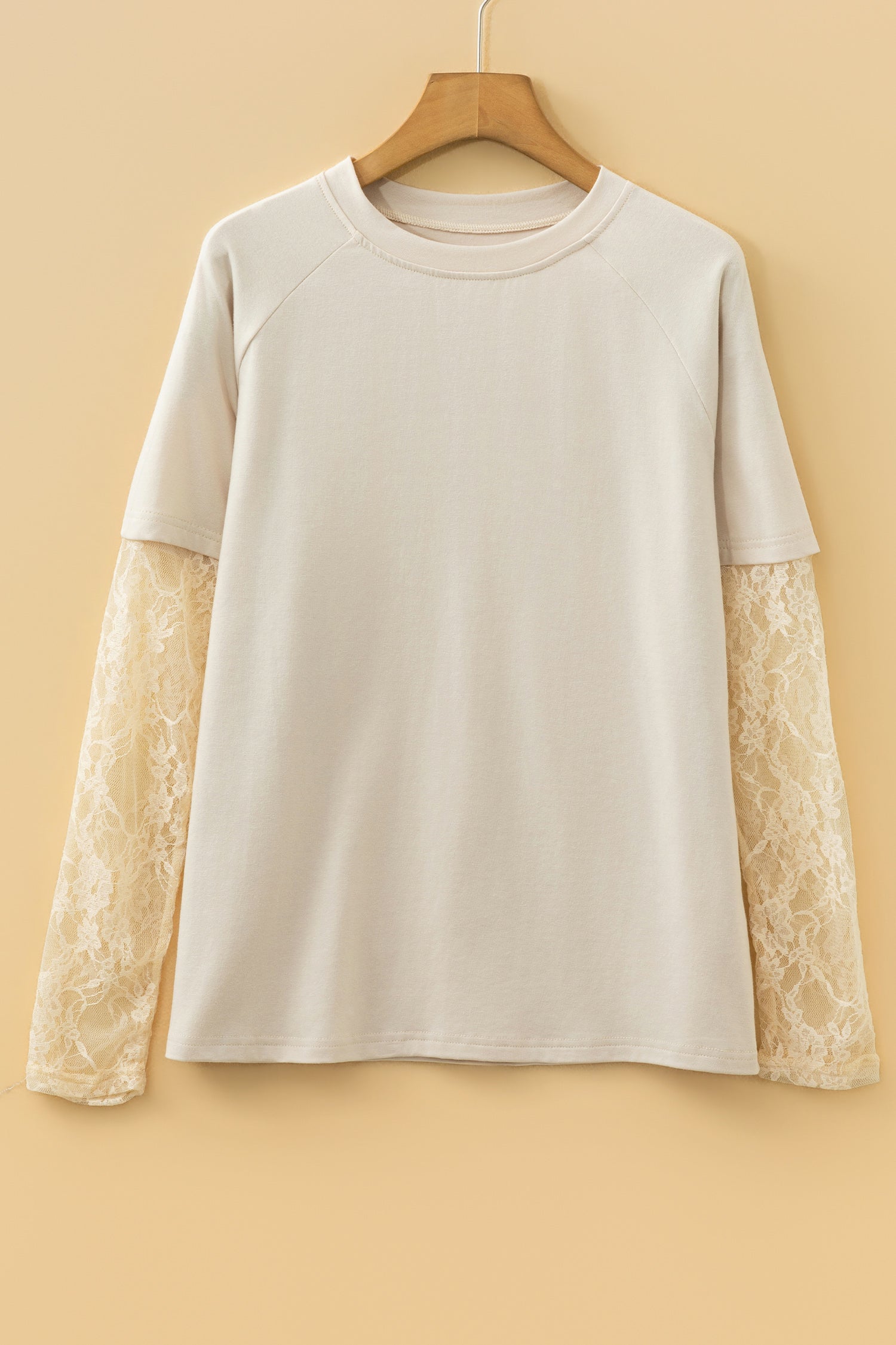 Model wearing the Dear-Lover Jet Stream Solid Color Long Sleeve T Shirt, showcasing its Southern Belle lace patchwork for daily wear.