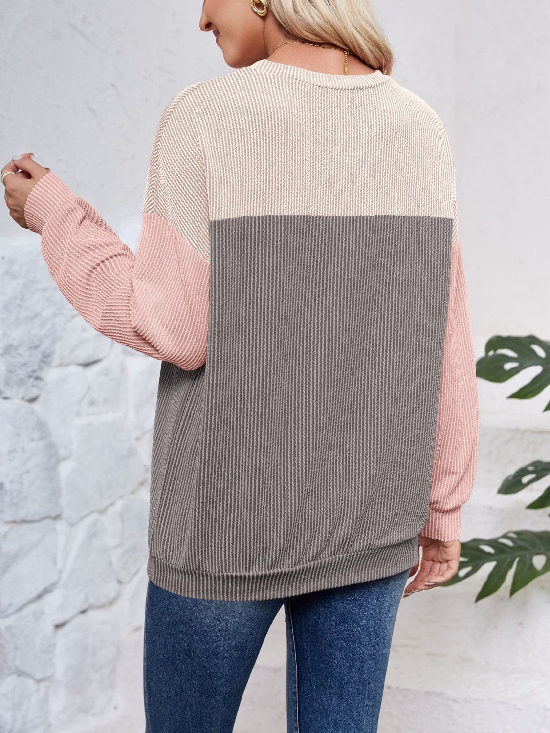 Color Block Round Neck Long Sleeve Sweatshirt.