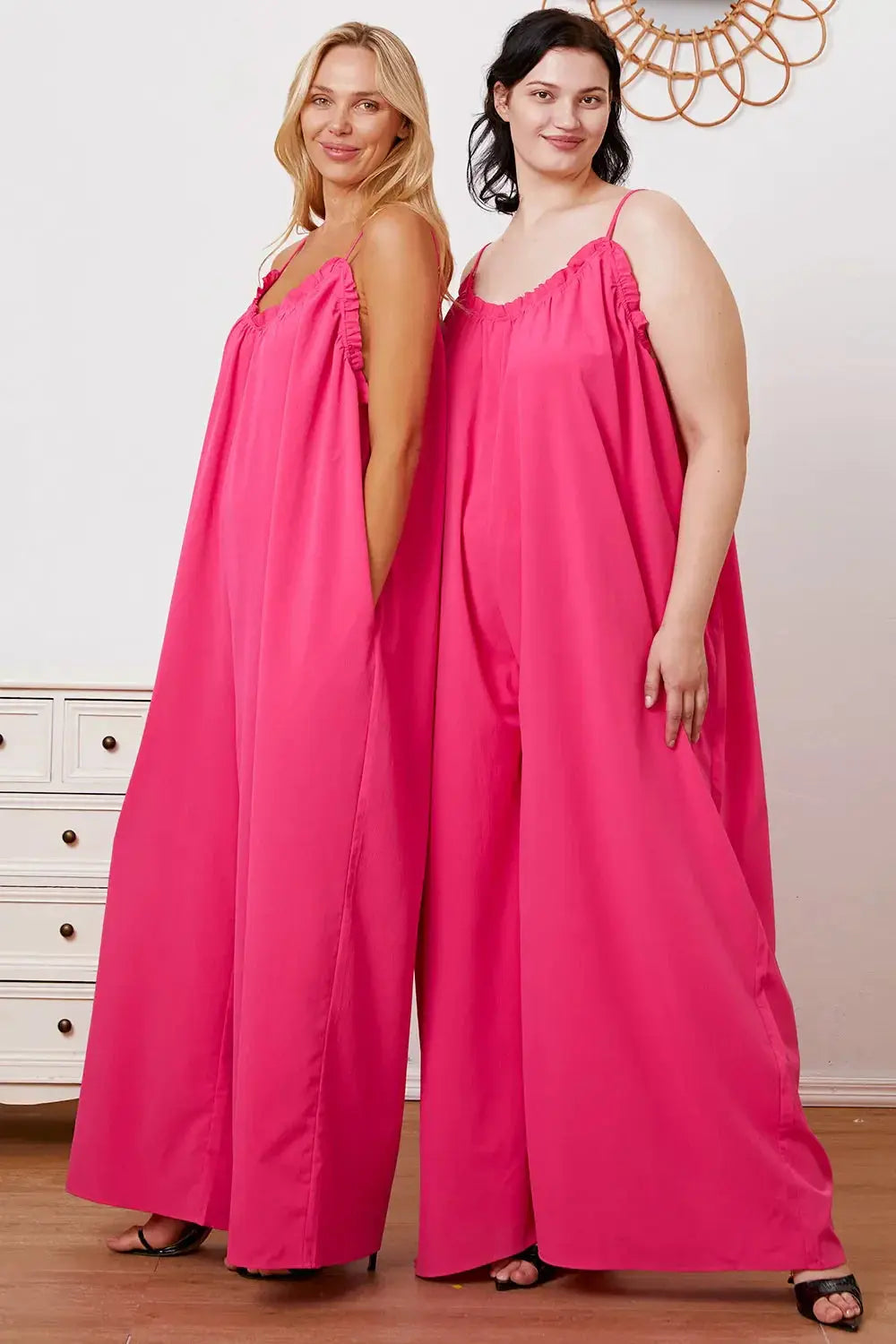 Double Take Full Size Ruffle Trim Tie Back Cami Jumpsuit with Pockets - Love Salve