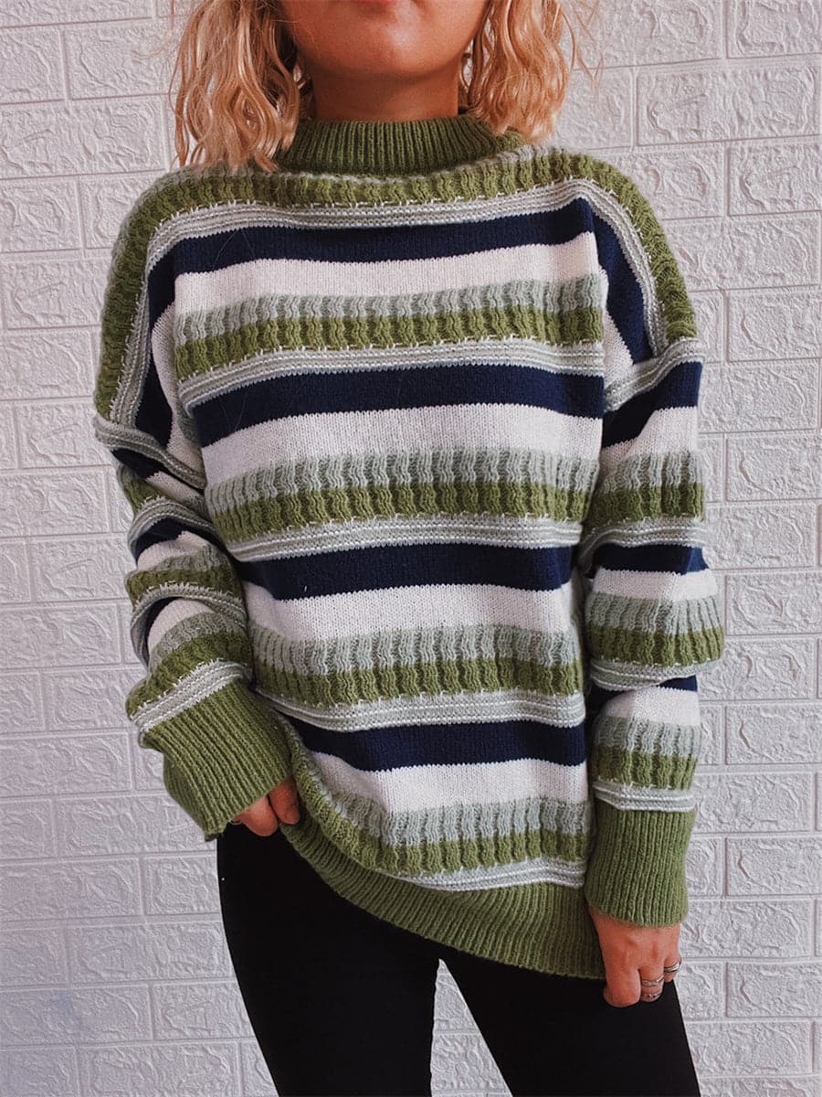 Striped Drop Shoulder Round Neck Sweater.