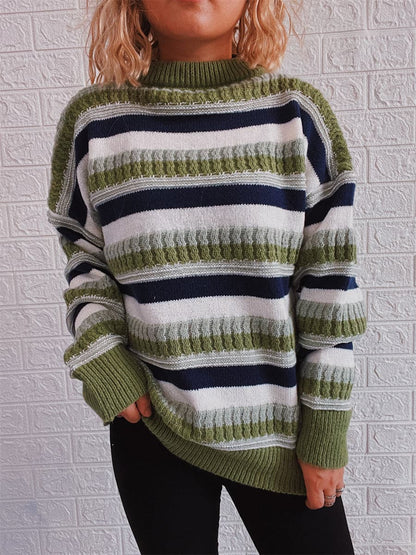 Striped Drop Shoulder Round Neck Sweater.