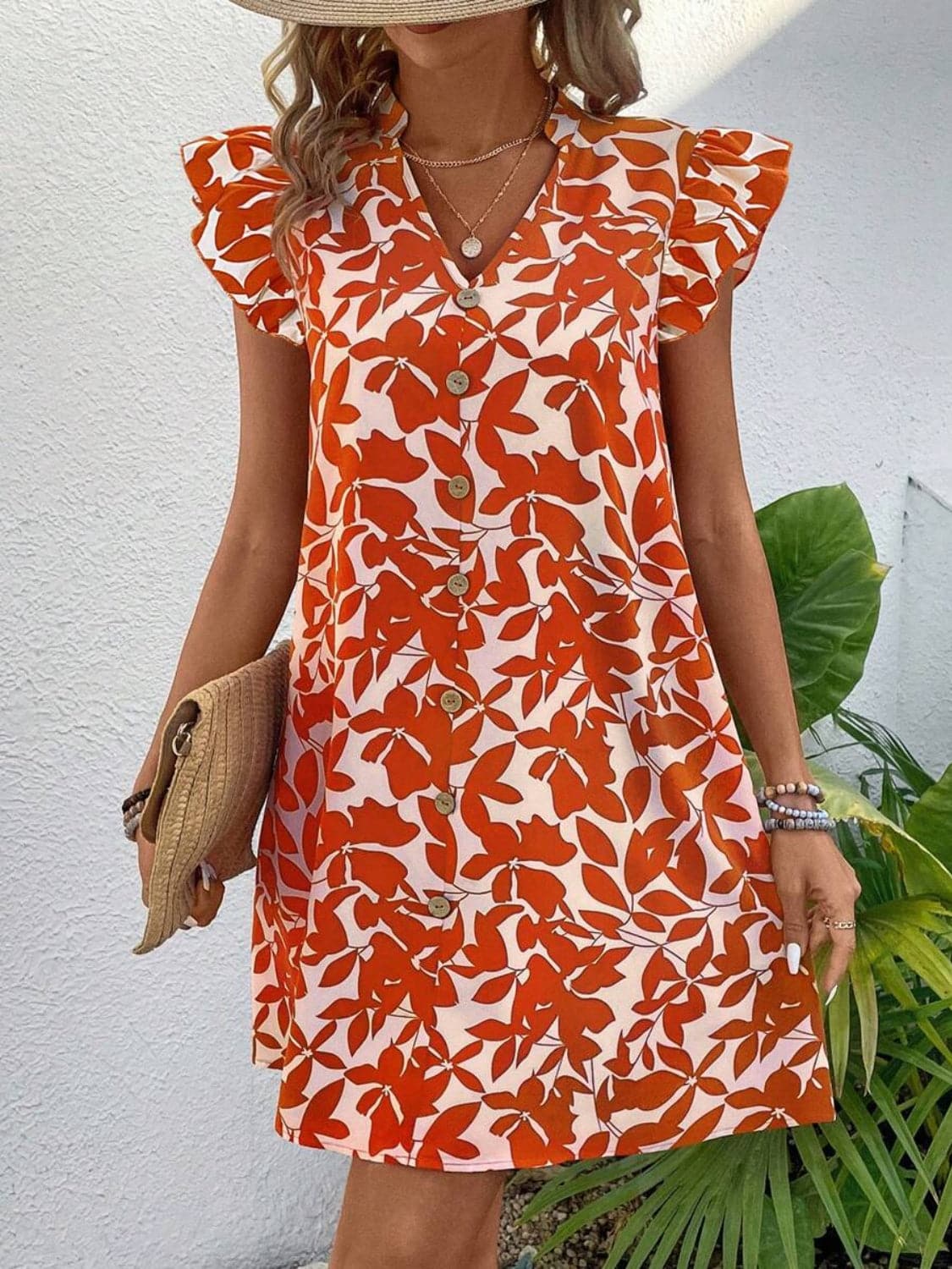 Printed Notched Cap Sleeve Mini Dress.