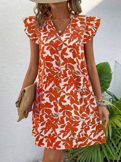 Printed Notched Cap Sleeve Mini Dress.