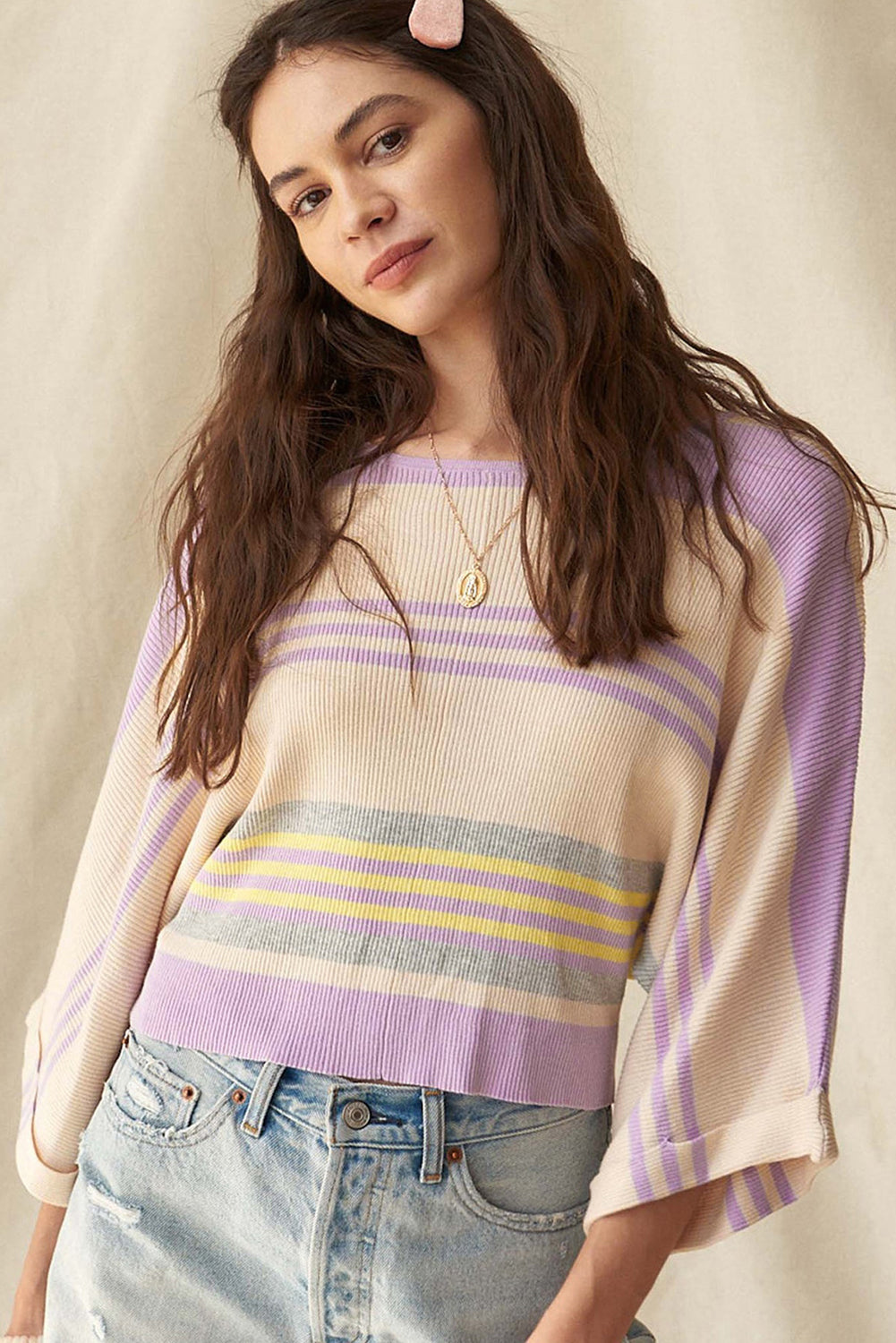 Trendy Purple Striped Dolman Sleeve Rib Knit Sweater with Cuffed Detail