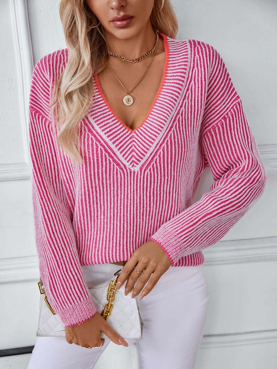 V-neck striped sweater - 100% polyester