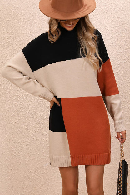 Color Block Mock Neck Dropped Shoulder Sweater Dress.