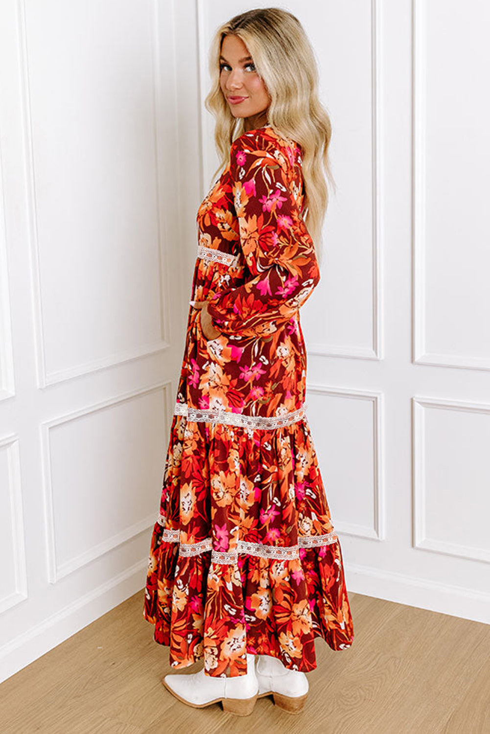 Elegant orange floral maxi dress with lace trim and V-neckline