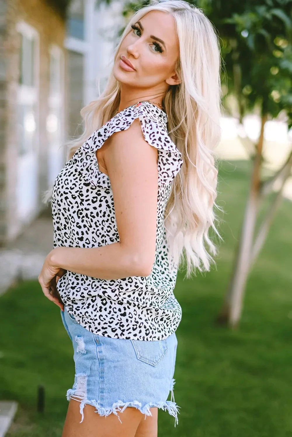 Leopard Ruffled Notched Tank Coco’s Tee Boutique