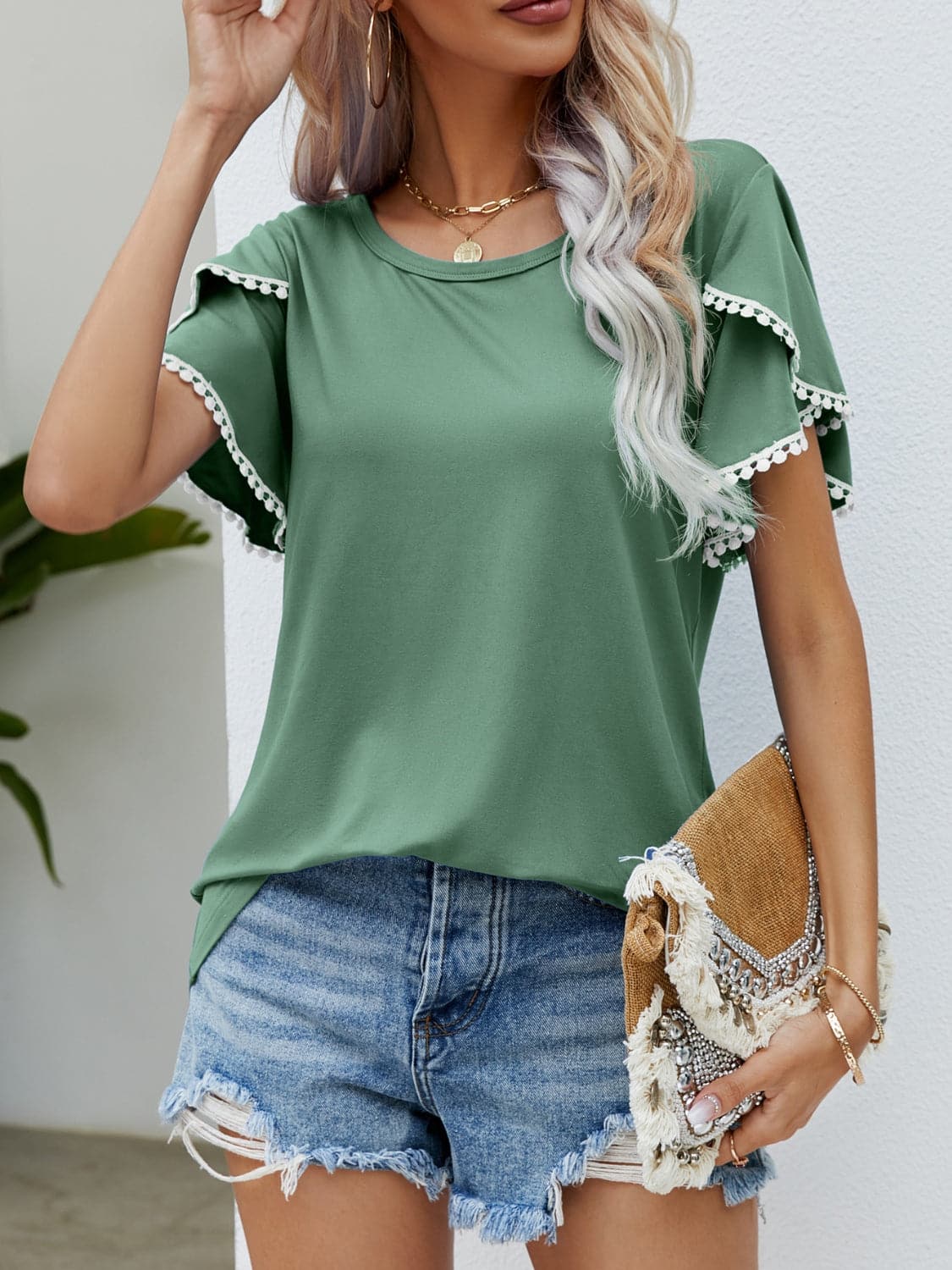 Pom-Pom Trim Flutter Sleeve Round Neck T-Shirt.