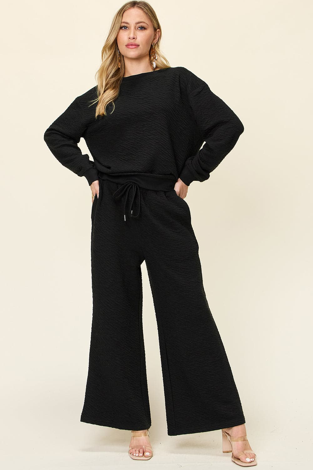 Double Take Full Size Texture Long Sleeve Top and Pants Set.