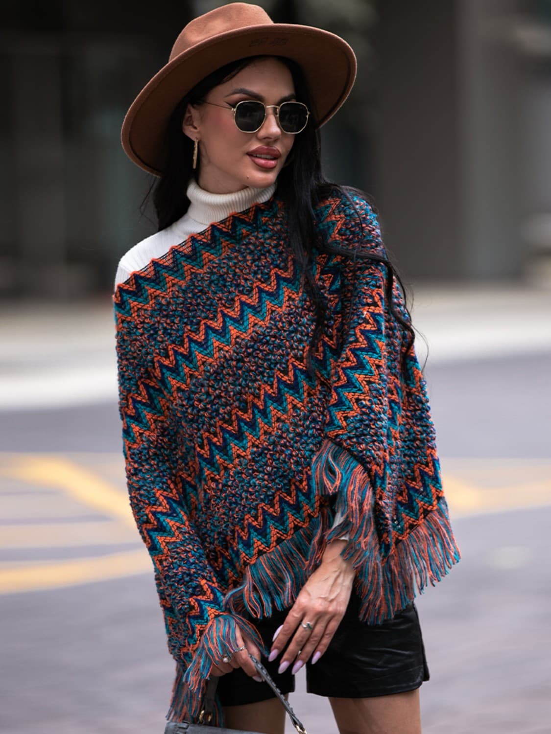 Fringe Hem Boat Neck Poncho.