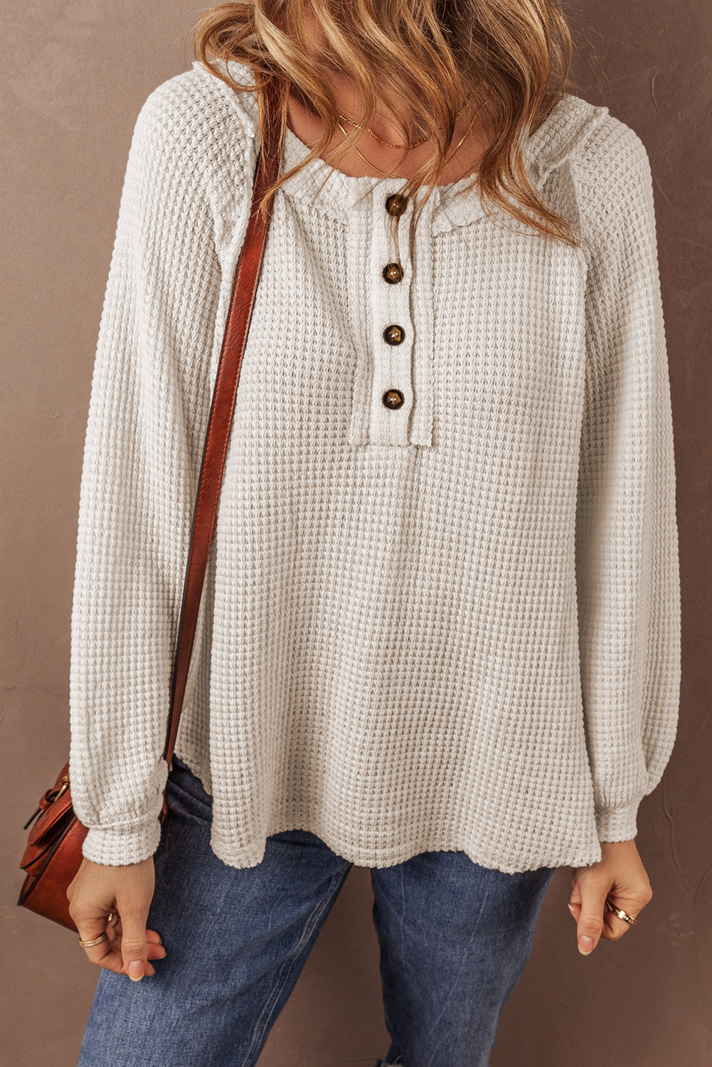 Cozy oatmeal waffle knit blouse with buttoned front and raglan sleeves